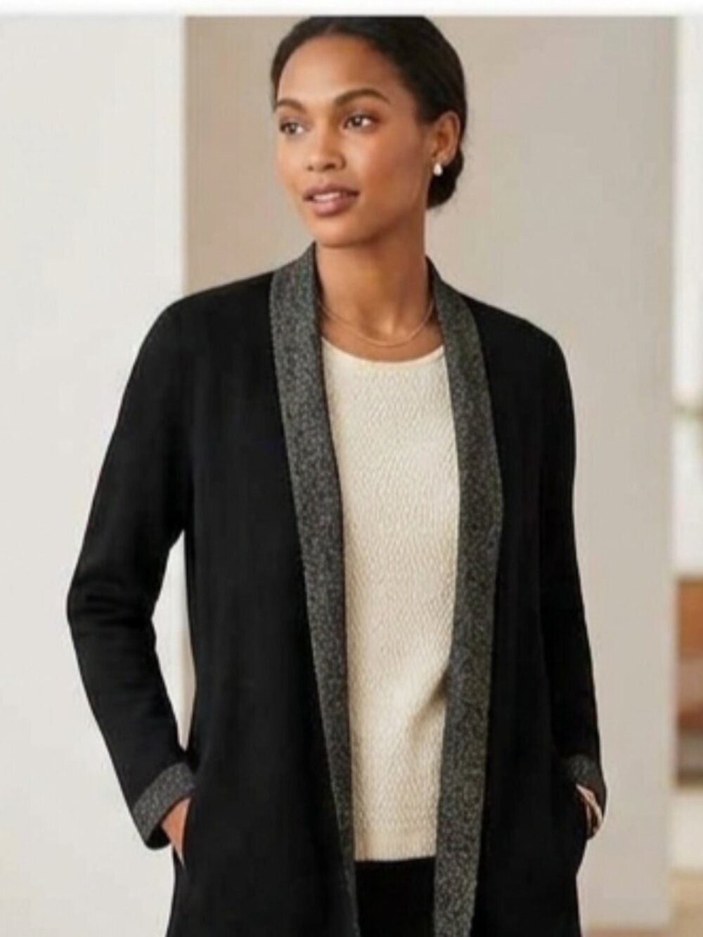 Eileen Fisher Black Merino Wool Shimmer Trim Open Front Cardigan Size XS/TP